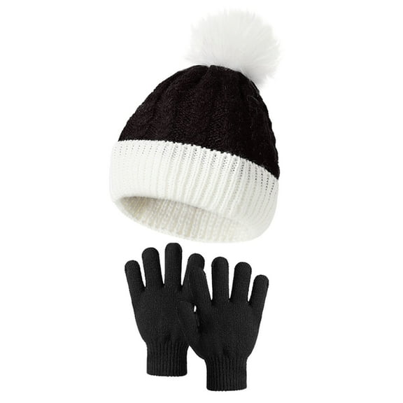 Women's Pom Pom Knitted Hat and Gloves Set, Soft Warm Two-Piece Knit Set with Ball Decoration, Cute Winter Beanie with Matching Gloves, Stretchable Knit Cap and Mittens Set for Daily Use Black