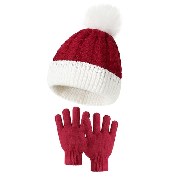 Women's Pom Pom Knitted Hat and Gloves Set, Soft Warm Two-Piece Knit Set with Ball Decoration, Cute Winter Beanie with Matching Gloves, Stretchable Knit Cap and Mittens Set for Daily Use Wine