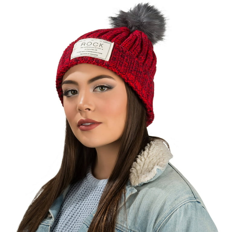 Women's Pompom Rock Knit Autumn Winter Beanie [One Size Fits Most
