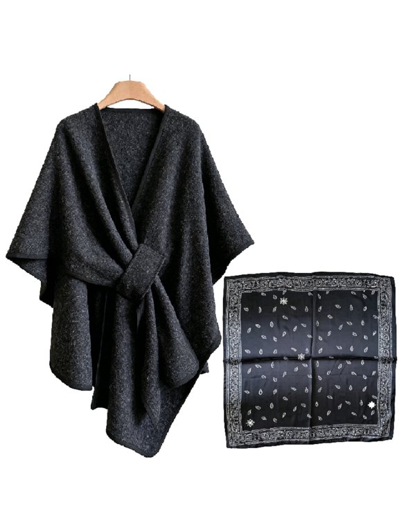 Women's Poncho & Bandana Set, Double Knit Wrinkle-Resistant Shawl with Pull Tab, Travel Wedding Gift Black