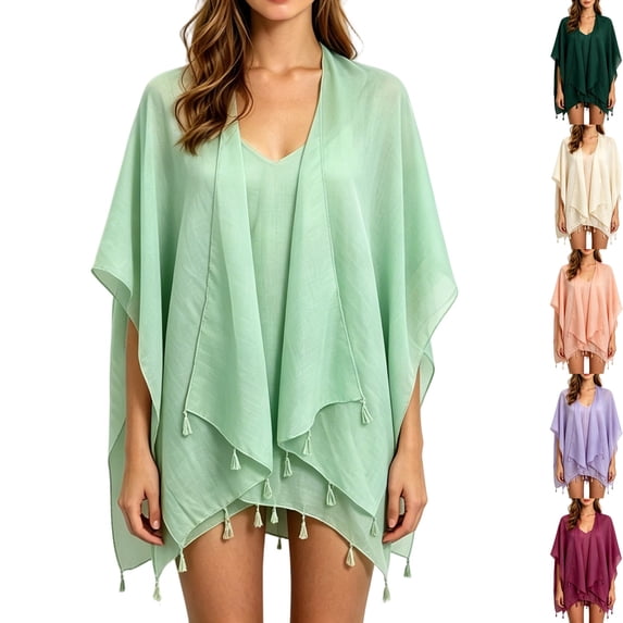 Women's Poncho Cape Beachwear Kimono Cover Up Open Front Draped Shawl Wrap Tassel Trim Lightweight for Travel Cruise Resort, Green, Free Size