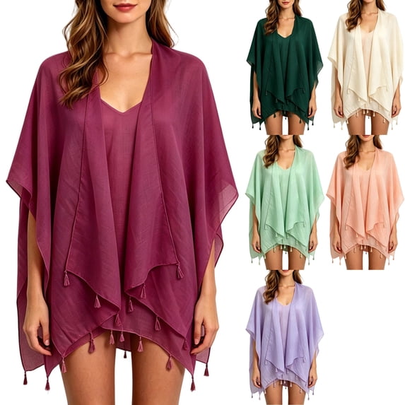 Women's Poncho Cape Beachwear Kimono Cover Up Open Front Draped Shawl Wrap Tassel Trim Lightweight for Travel Cruise Resort, Red, Free Size