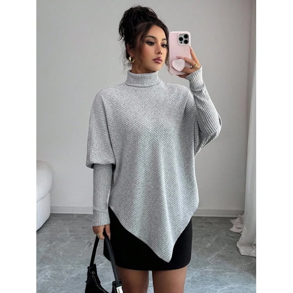 Women's Poncho Pullover Sweater Turtleneck Long Sleeve Knit Top Loose Fit for Casual Outings