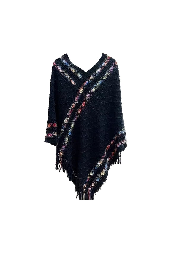 Women's Poncho Sweater Long Sleeve Warm Knit Wrap Shawl with V-Neck Loose Fit Diamond-shaped Grid Fringe Scarf Pullover Comfy Fashion Cape for Casual Winter Wear Travel Christmas