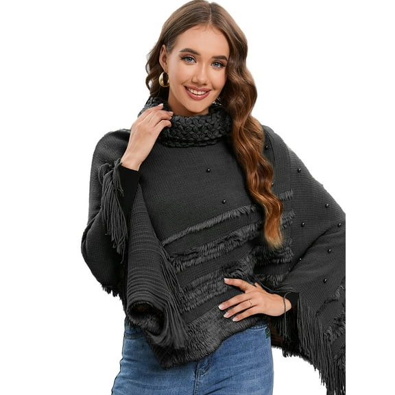 Women's Poncho Sweater Shawl Warm Wrap Hooded Cape with Fringe for Indoor and Outdoor