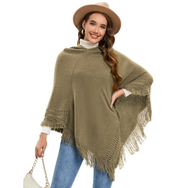 Women's Poncho Sweater V Neck Solid Knit Pullover Cape Lightweight Shawl Elegant Wrap with Fringes