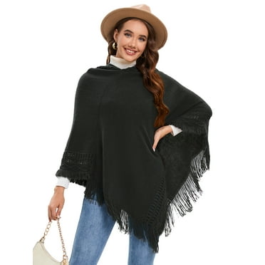 Women's Poncho Sweater V Neck Solid Knit Pullover Cape Lightweight Shawl Elegant Wrap with Fringes