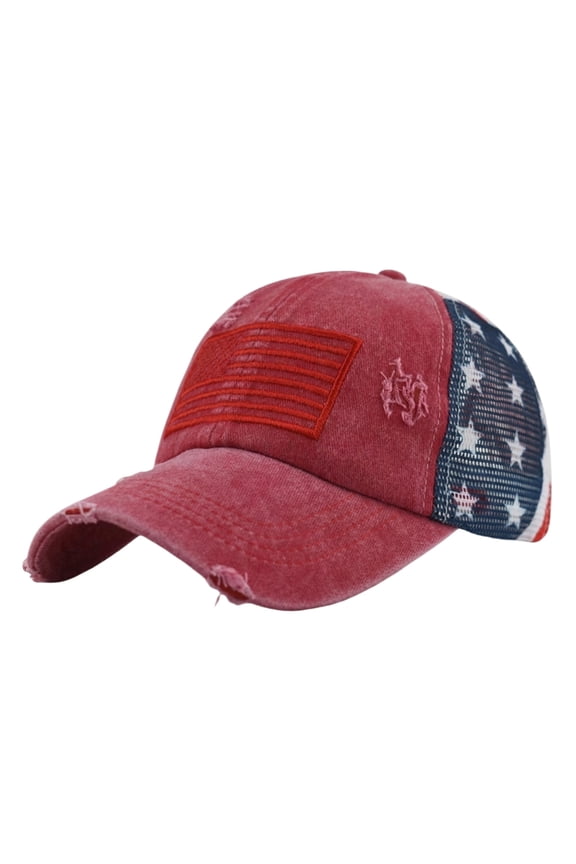 Women's Ponytail Baseball Cap – Embroidered Cotton Front, American Flag Mesh Back, Adjustable Velcro Red One Size