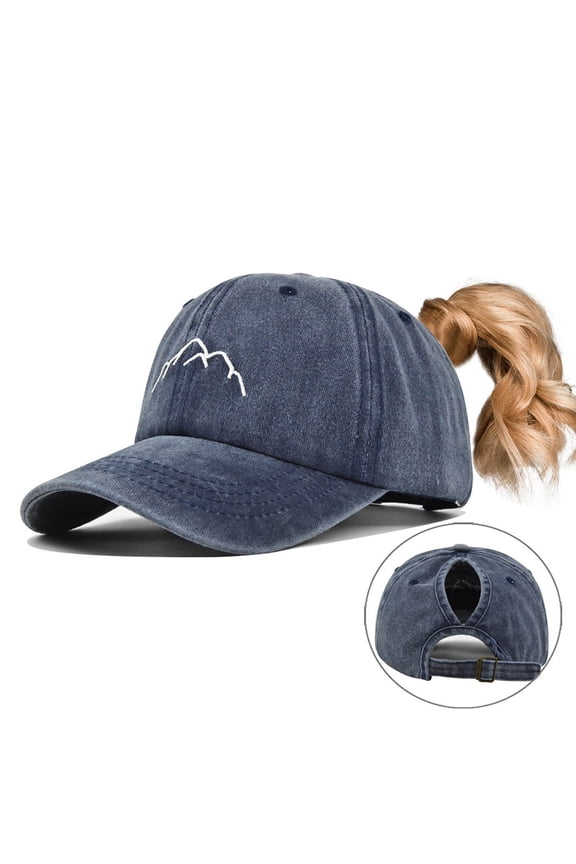 Women’s Ponytail Baseball Cap Mountain Embroidered Detail Hat Vintage Washed Adjustable Outdoor Sports Hat