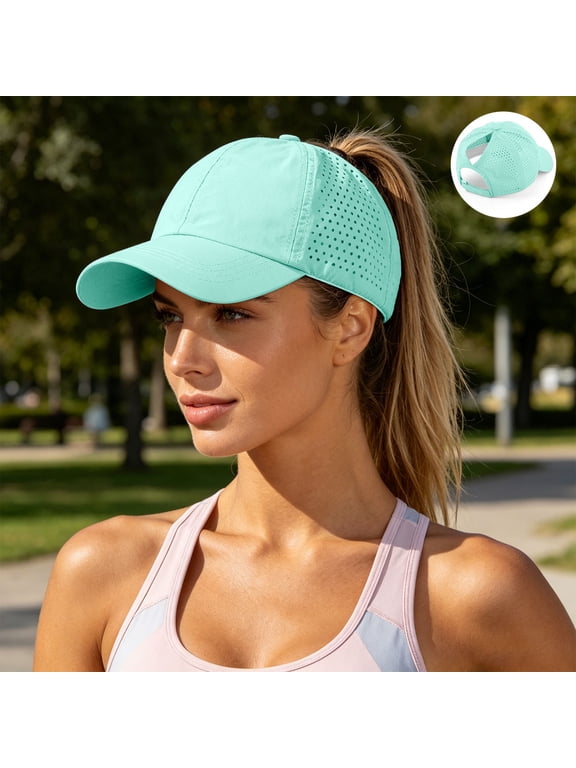Women's Ponytail Baseball Cap with Ponytail Hole Curved Bill Open Back and Breathable Panels for Summer Running Jogging Hiking Tennis and Travel(Mint Green,Free Size)