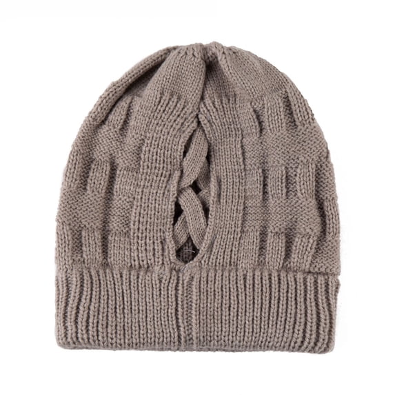 Women's Ponytail Beanie Hat, Criss Cross Knit Ponytail Hat for Women, Warm Winter Hat for Women with Ponytail Hole, Soft Stretch Messy Bun Knit Hat for Women, Cute Winter Beanie Hat for Women