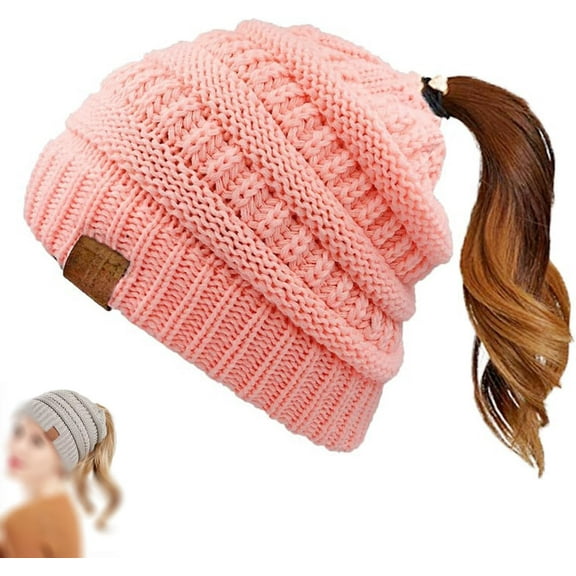 Women's Ponytail Beanie Hat, Winter Warm Knit Slouchy Beanie with Criss-Cross Opening for High Buns & Ponytails