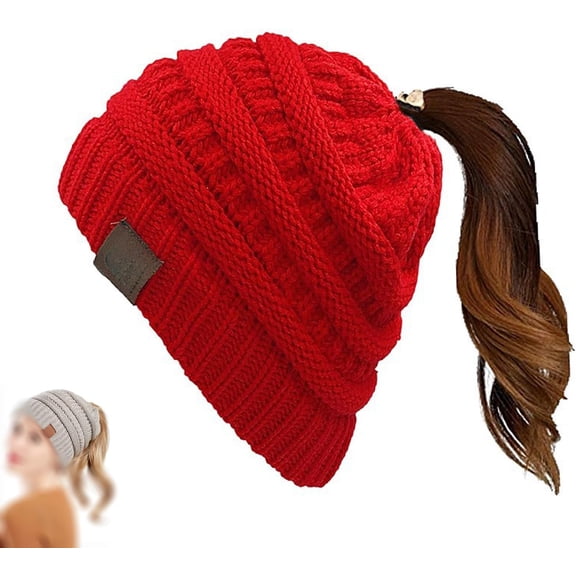 Women's Ponytail Beanie Hat, Winter Warm Knit Slouchy Beanie with Criss-Cross Opening for High Buns & Ponytails