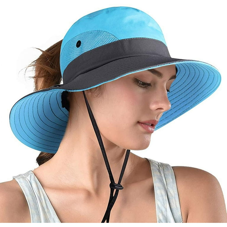 Women's Ponytail Safari Sun Hat,Wide Brim UV Protection Outdoor Bucket Hat,Foldable  Beach Summer Fishing Hat 