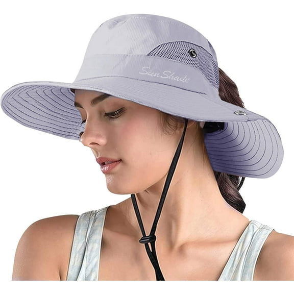 Women's Ponytail Safari Sun Hat,Wide Brim UV Protection Outdoor Bucket Hat,Foldable Beach Summer Fishing Hat