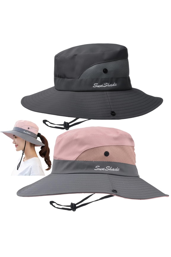 Women's Ponytail Safari Sun Hat,Wide Brim UV Protection Outdoor Bucket Hat,Foldable Beach Summer Fishing Hat