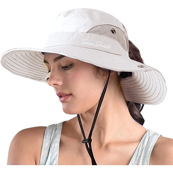 Women's Ponytail Safari Sun Hat,Wide Brim UV Protection Outdoor Bucket Hat,Foldable Beach Summer Fishing Hat