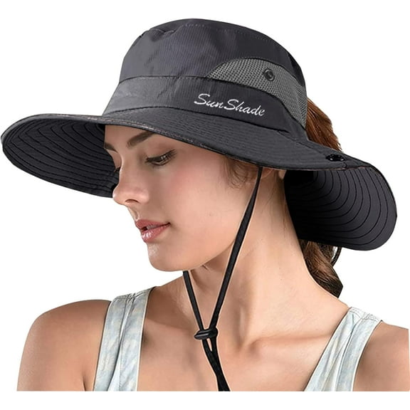 Women's Ponytail Safari Sun Hat,Wide Brim UV Protection Outdoor Bucket Hat,Foldable Beach Summer Fishing Hat