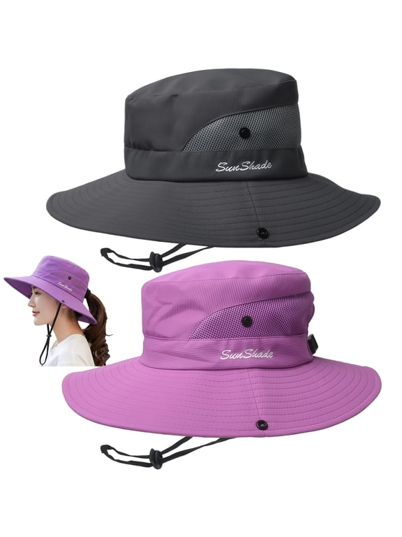 Women's Ponytail Safari Sun Hat,Wide Brim UV Protection Outdoor Bucket Hat,Foldable Beach Summer Fishing Hat