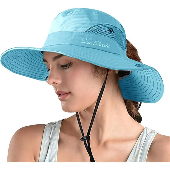Women's Ponytail Safari Sun Hat,Wide Brim UV Protection Outdoor Bucket Hat,Foldable Beach Summer Fishing Hat