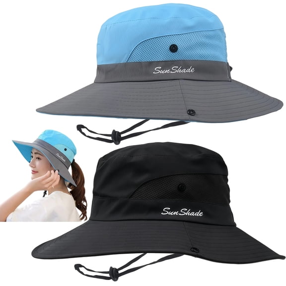 Women's Ponytail Safari Sun Hat,Wide Brim UV Protection Outdoor Bucket Hat,Foldable Beach Summer Fishing Hat