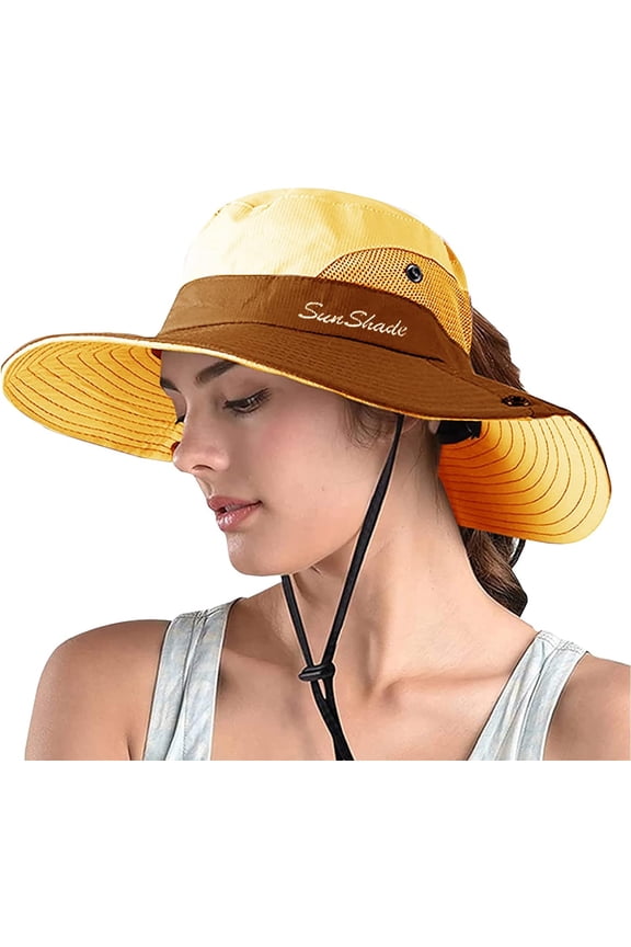 Women's Ponytail Safari Sun Hat,Wide Brim UV Protection Outdoor Bucket Hat,Foldable Beach Summer Fishing Hat