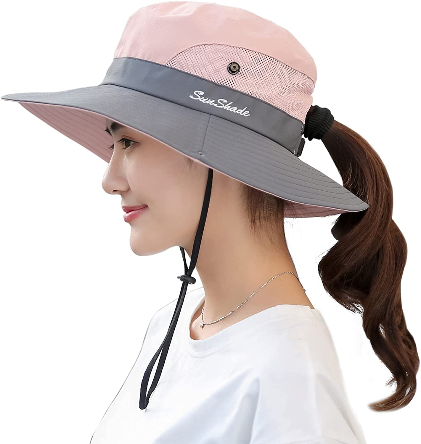Women's Ponytail Sun Hat UV Protection Collapsible Mesh Wide Brim