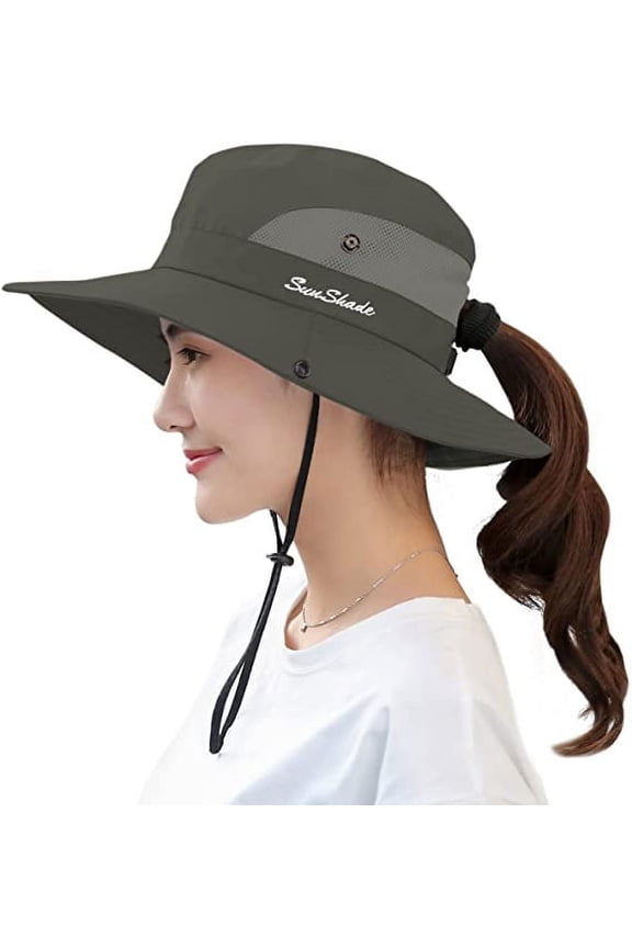Women's Ponytail Sun Hat UV Protection Foldable Mesh Wide Brim Beach Fishing Hat Army Green