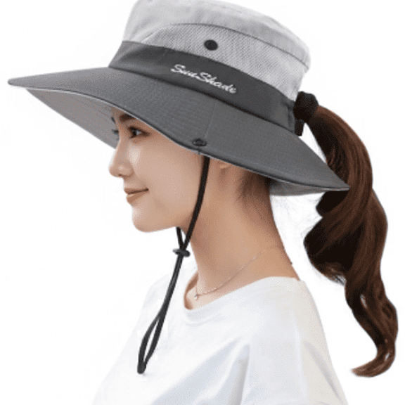 Women's Ponytail Sun Hat UV Protection Foldable Mesh Wide Brim Beach Fishing Hat
