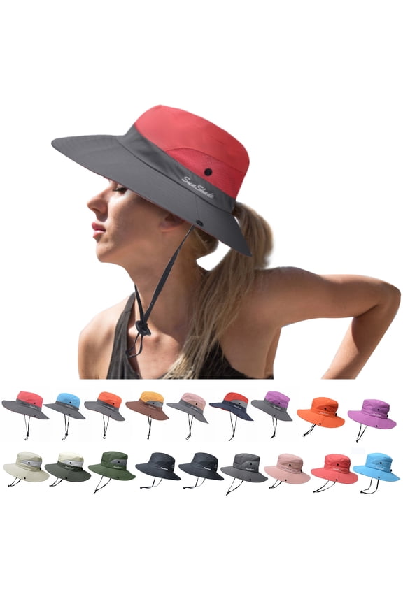 Women's Ponytail Sun Hat Wide Brim UV Protection Cap, Foldable Mesh Breathable Safari Hat Heavy Duty Packable Headwear for Beach Fishing and Hiking
