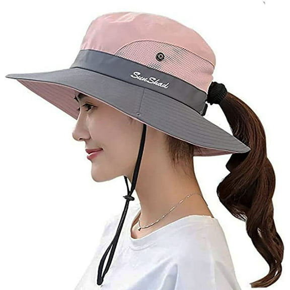 Women's Ponytail Sun Hat Wide Brim UV Protection Outdoor Bucket Hat