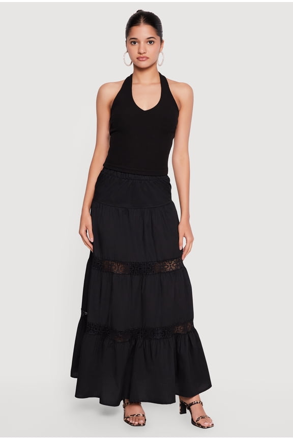 Women's Poplin Lace Insert Tiered Maxi Skirt