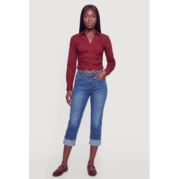 Women's Poplin Ruched Side Button Front Shirt