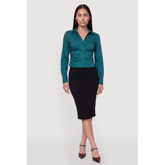 Women's Poplin Ruched Side Button Front Shirt