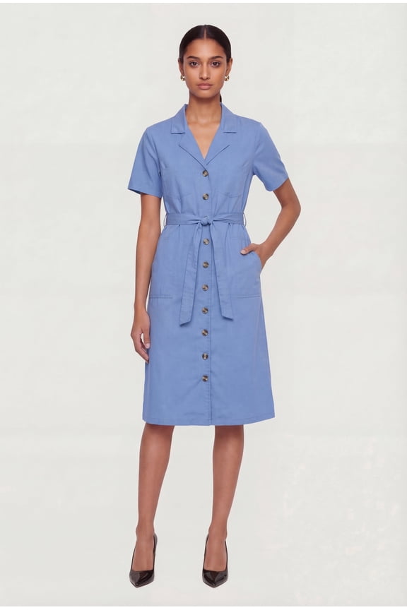Women's Poplin Tie Waist Belted Button Front Dress