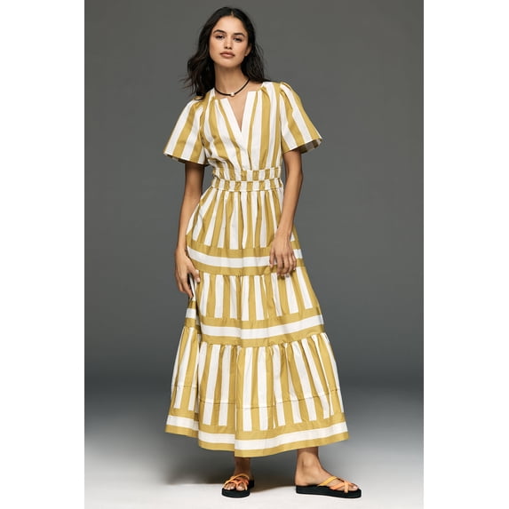 Women’s Poplin Tiered Maxi Dress, Short Puff Sleeves Smocked Waist Casual Dress with Pockets, Sizes XS‑XL