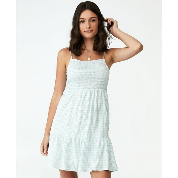 Women's Poppy Shirred Cross Back Mini Dress Blue Check XL