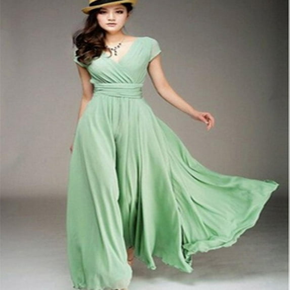 Women's Popular V-neck Chiffon Loose Waist Short Sleeve Long Dress