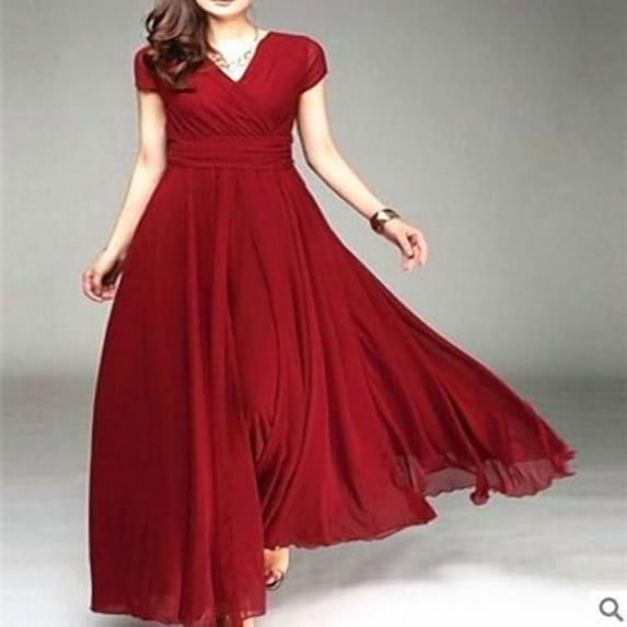 Women's Popular V-neck Chiffon Loose Waist Short Sleeve Long Dress