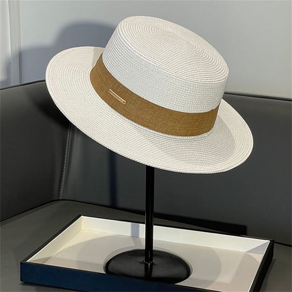 Women's Pork Pie Boater Sun Hat, Wide Brim Straw Hat for Beach, Summer Vacation, and Outdoor Activities, UPF Sun Protection with Classic Style-White