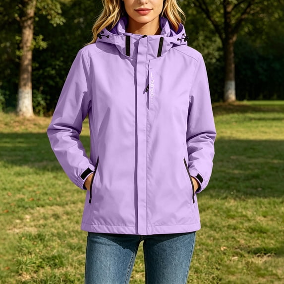 Women’s Portable Packable Rain Windbreaker, Lightweight Waterproof Hooded Raincoat For Hiking Cycling Vacation Purple XL