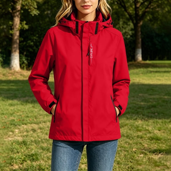 Women’s Portable Packable Rain Windbreaker, Lightweight Waterproof Hooded Raincoat For Hiking Cycling Vacation Red XL