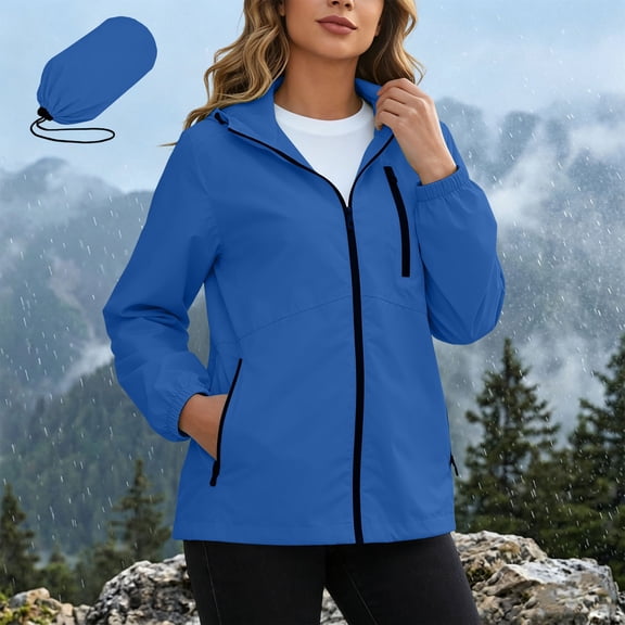 Women's Portable Rain Jackets Lightweight Waterproof Windbreaker Hooded Jacket Womens Solid Sun Protection Softshell Windbreaker Jacket Outdoor Hiking Travel Coat
