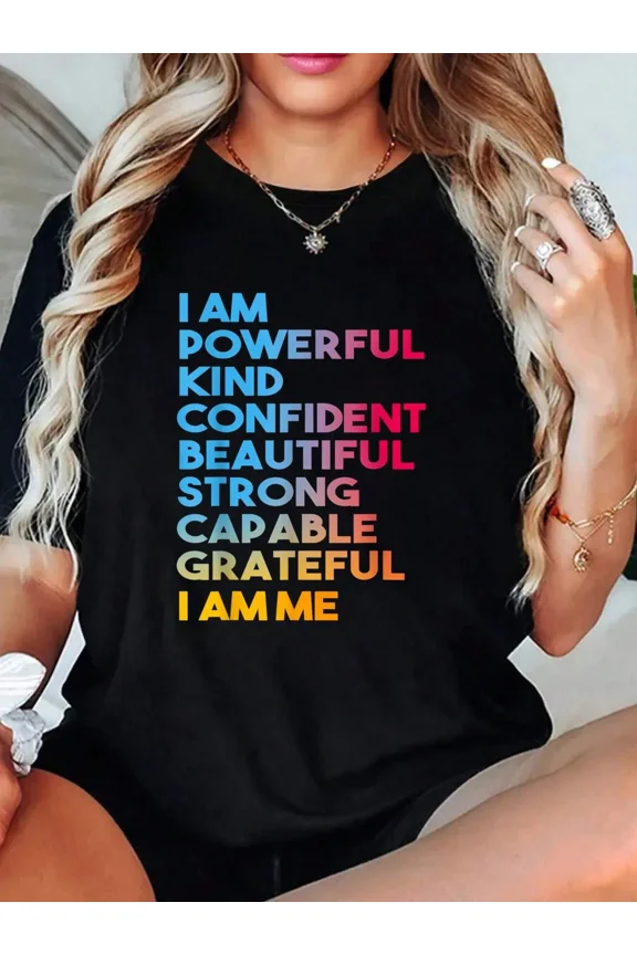 Women's Positive Affirmations Graphic T-Shirt - I Am Powerful Kind Confident Strong - Short Sleeve Casual Cotton Tee
