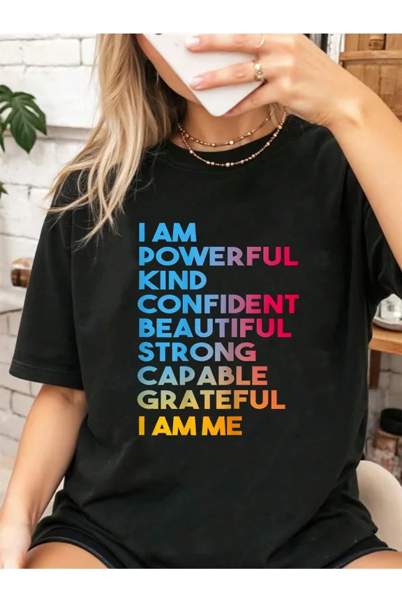 Women's Positive Affirmations T-Shirt - I Am Powerful Kind Confident Beautiful Strong Capable Grateful I Am Me Graphic Tee - Black Short Sleeve Motivational Top