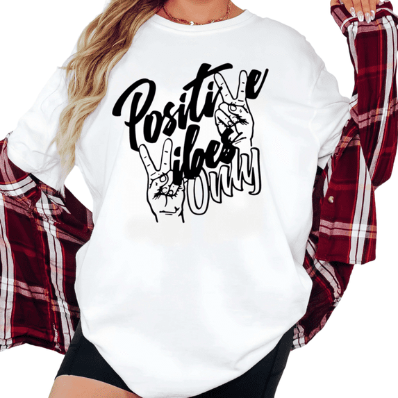 Women's Positive Vibes Only Peace Hand Aesthetic Graphic Comfortable T Shirt Short Sleeve Round Neck Top White S-5XL