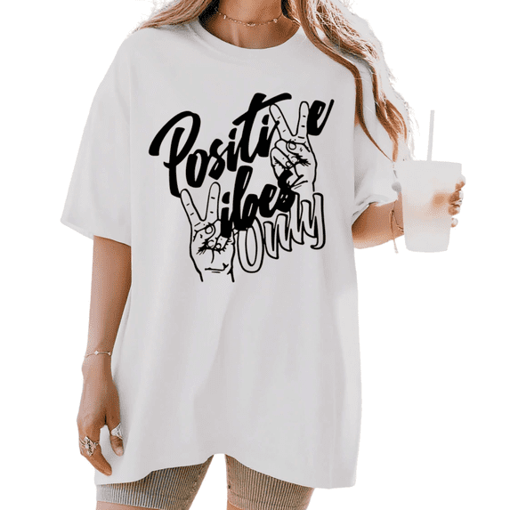 Women's Positive Vibes Only Peace Hand Aesthetic Graphic Comfortable T Shirt Short Sleeve Round Neck Top White S-5XL
