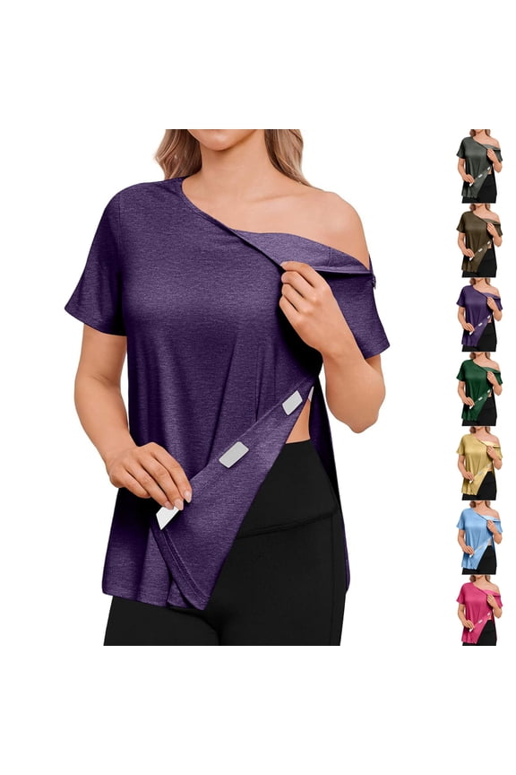Women's Post Shoulder Surgery Tear Away Shirt Short Sleeve Side Snap Chemo Port Postpartum Casual Shirts Adaptive Breathable Cozy Clothing Hot Pink 3XL