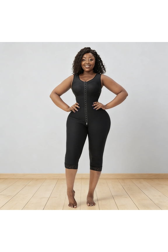 Women's Post-Surgery Compression Bodysuit, Zipper Front, Open Crotch, Waist & Tummy Control, & Bust Lifting, Thigh Shaping Black S