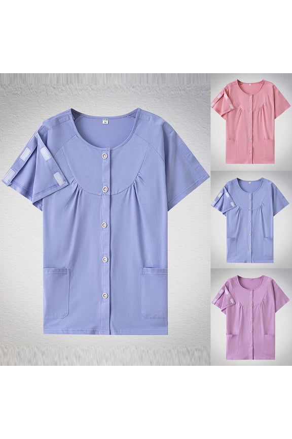 Women's Post Surgery Recovery Top with Full Open Front Buttons Shoulder Inserted Short Sleeve Round Neck Shirt Blouse for Easy Wear and Take Off After Fracture Care Casual Daily Wear Loungewear